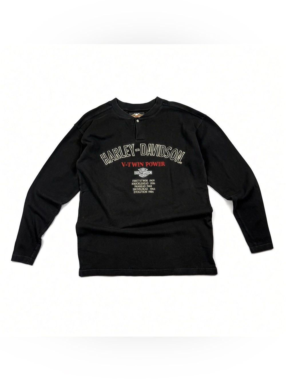 VTG Harley-Davidson V-Twin Power Henley Shirt Mens M Black Embroidered Long Slee